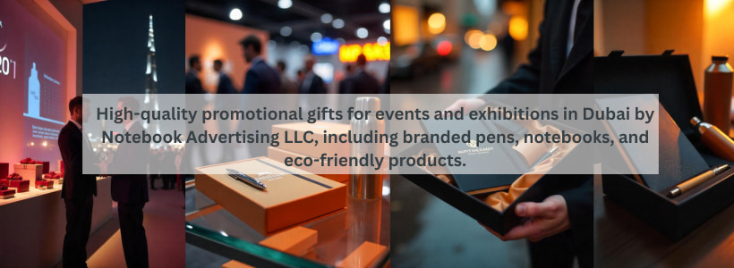 High-quality promotional gifts for events and exhibitions in Dubai by Notebook Advertising LLC, including branded pens, notebooks, and eco-friendly products.