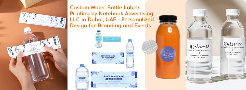 Custom Water Bottle Labels Printing by Notebook Advertising LLC in Dubai, UAE - Personalized Design for Branding and Events