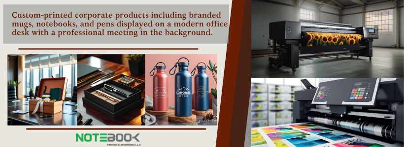 Custom-printed corporate products including branded mugs, notebooks, and pens displayed on a modern office desk with a professional meeting in the background.