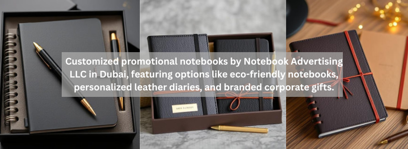 Customized promotional notebooks by Notebook Advertising LLC in Dubai, featuring options like eco-friendly notebooks, personalized leather diaries, and branded corporate gifts.