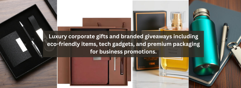 Luxury corporate gifts and branded giveaways including eco-friendly items, tech gadgets, and premium packaging for business promotions.
