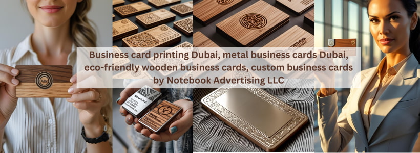 Business card printing Dubai, metal business cards Dubai, eco-friendly wooden business cards, custom business cards by Notebook Advertising LLC