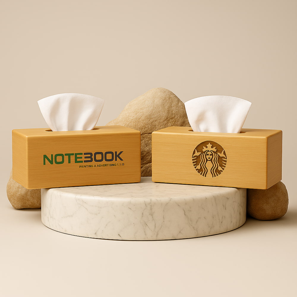 Custom wooden tissue box Dubai with logo printing and engraving for hotels, offices, cafes, and corporate gifting by Notebook Advertising LLC