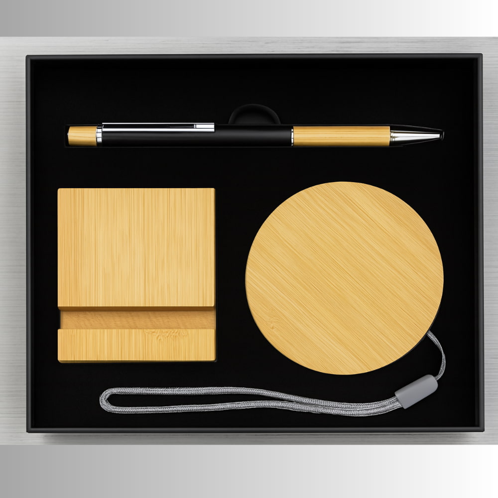 Eco-Friendly Wooden Corporate Gift Set Dubai – Wooden Mobile Stand, Pen & Wireless Power Bank