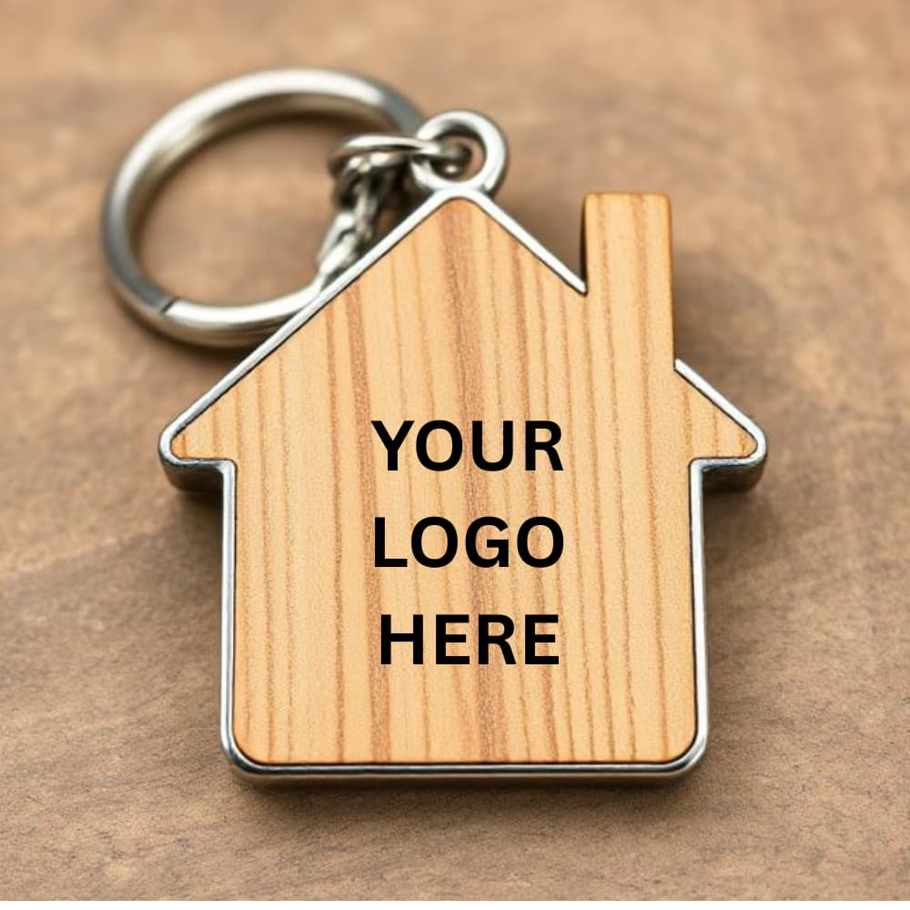 House-shaped wooden and metal keychain with custom engraving