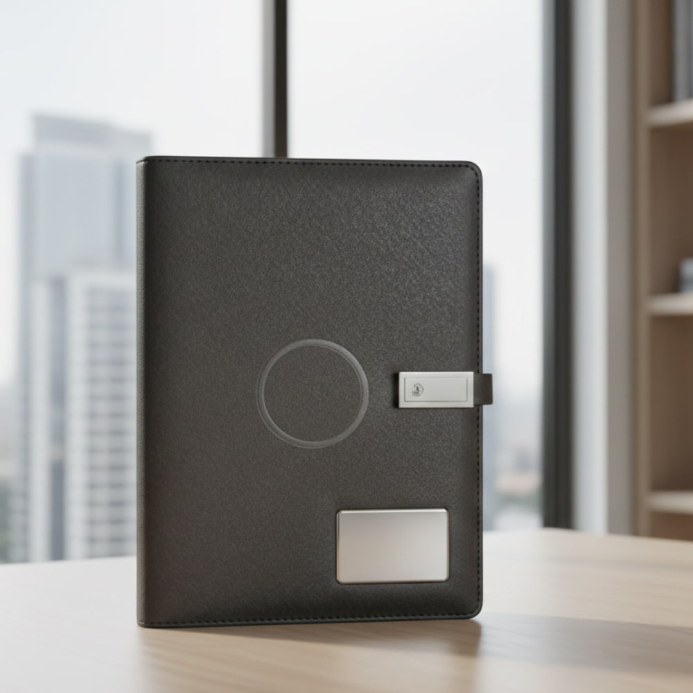 A5 Leather Smart Organizer Notebook with MagSafe Wireless Charging and 8000mAh Power Bank Dubai Corporate Gifts
