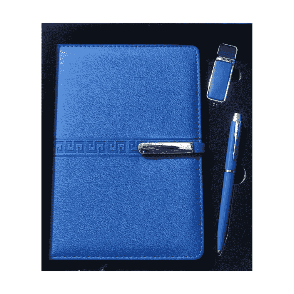 Premium Leather & Metal Corporate Gift Set – customizable notebook, pen, USB drive for luxury corporate gifts in Dubai.