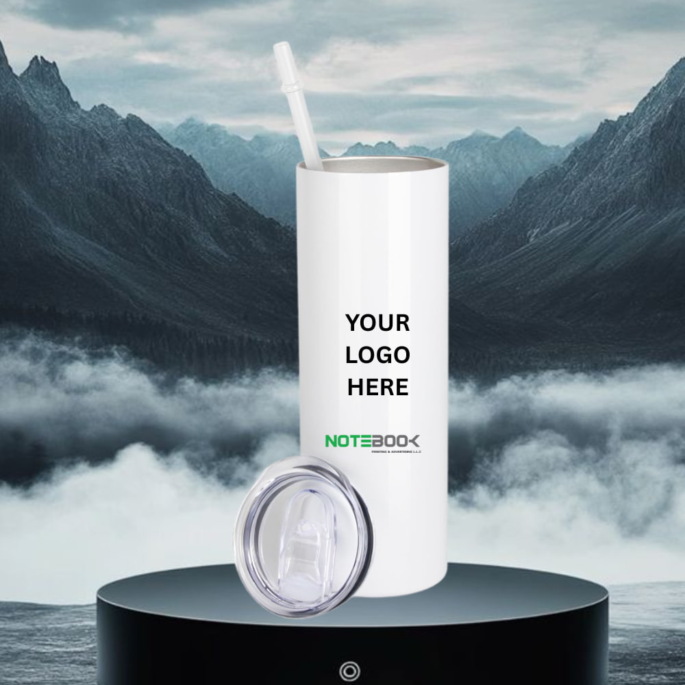 Custom Stainless Steel Slim Tumbler with Straw – 20oz personalized water bottle printing in Dubai by Notebook Advertising LLC