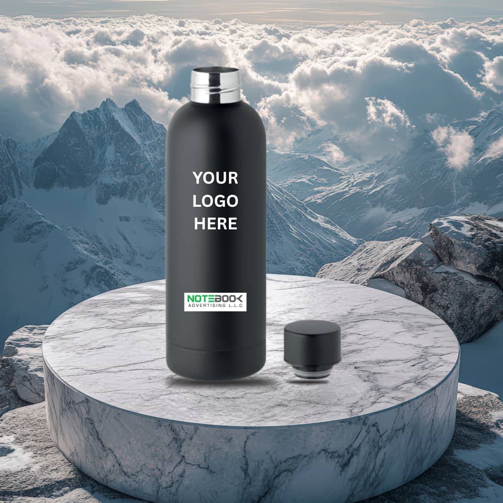 500ml black stainless steel water bottle with rubber coating – vacuum insulated, leakproof, ideal for personalized corporate gifts in Dubai UAE