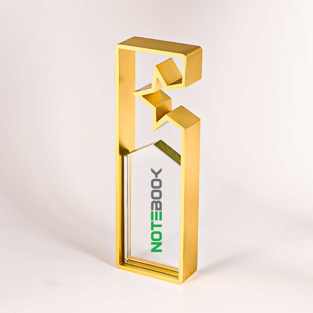 Engraved metal crystal trophy with logo – premium presentation awards Dubai UAE