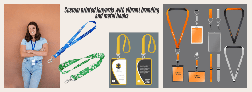 Custom printed lanyards with vibrant branding and metal hooks