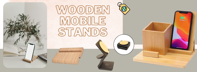 A stylish wooden mobile stand holding a smartphone on a desk, showcasing its natural wood grain and modern design