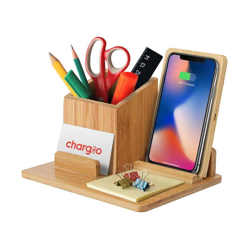 Bamboo QI Fast Wireless Charger Pad With Stationery Organizer