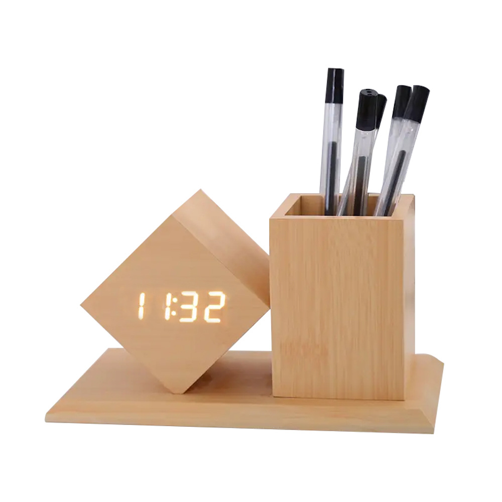 Wood Pen Holder Desk Organizer With Clock & Alarm